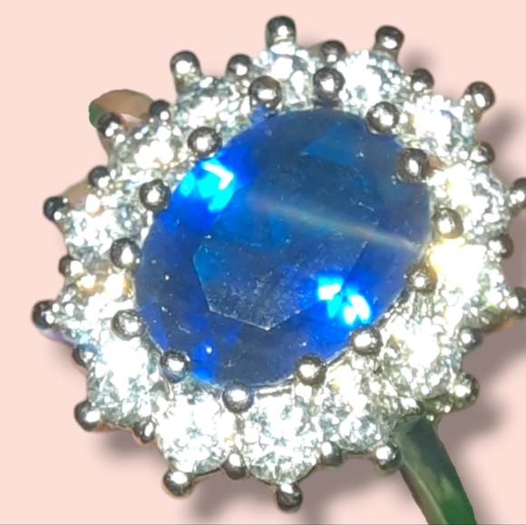 Silver Large Blue Oval Clear Stone Cocktail Ring - Picture 3 of 14